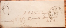 NEW YORK TO PLYMOUTH MASSACHUSETTS VIA MARSIELLES FRANCE TRANSATLANTIC COVER - RARE RATE AND ROUTE 